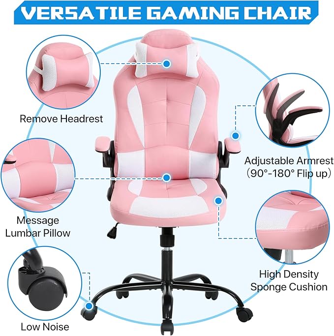 PC Gaming Chair Ergonomic Office Chair Computer Desk Chair with Armrests Headrest and Lumbar Support PU Leather Taipan High Back Home Computer Chair (Pink)