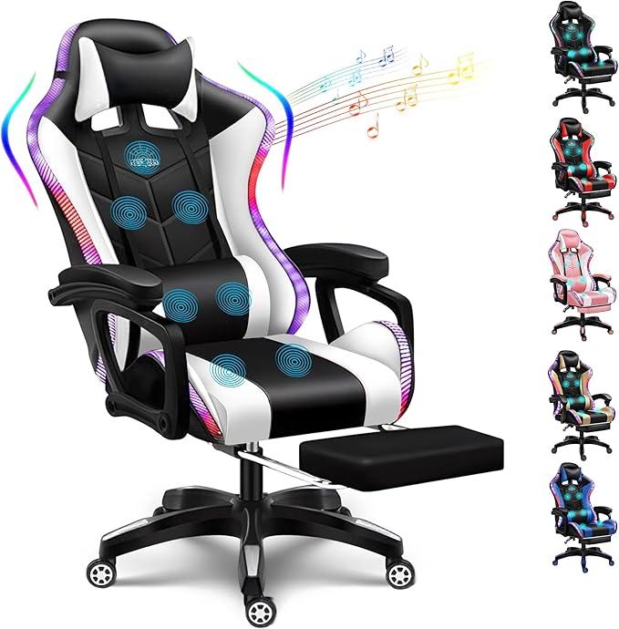 RGB Gaming Chair with Speakers Video Game Chair Heavy Duty Computer Chair Full Massager High-Back Ergonomic Recliner Chair with Footrest and Lumbar Support Big and Tall Office ChairWhite