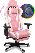 Gaming Chair with Footrest and Speakers High Back Computer Chair with Massage PU Leather Gamer Chair with 4D Armrests Ergonomic Video Game Chair with Lumbar Pillow 360° Swivel Desk ChairPink