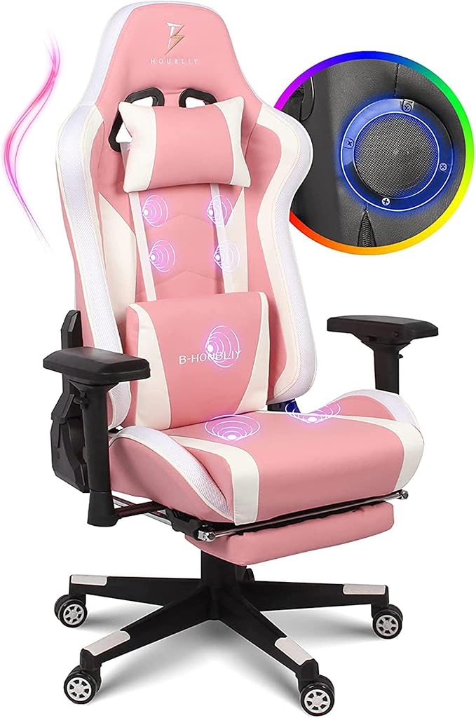 Gaming Chair with Footrest and Speakers High Back Computer Chair with Massage PU Leather Gamer Chair with 4D Armrests Ergonomic Video Game Chair with Lumbar Pillow 360° Swivel Desk ChairPink