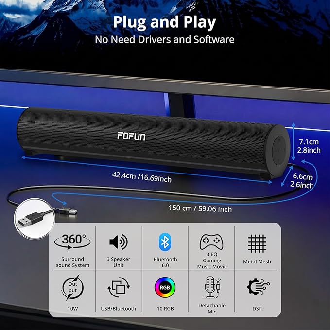 Computer Sound Bar with Detachable ENC Microphone Enhanced Bass Gaming Soundbar Bluetooth 6.0 USB-A Plug and Play PC and Bluetooth Mode 3EQ 10 RGB Speaker for Gaming MusicMeeting