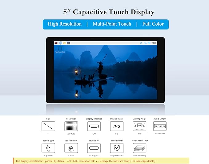 5inch Capacitive Touch Screen 720×1280 5-Point Touch IPS HDMI LCD Display Compatible with Raspberry Pi 5/4B/3B/Zero/Zero W/Zero 2W/Pico/Pico W/Pico 2/Win 11/10/8.1/8/7/Jetson Nano/Jetson Orin Nano
