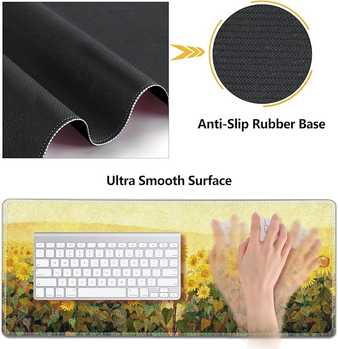 AIMSA Keyboard Mouse Pad Wrist Rest Extended Gaming Mouse Pad +Wrist Support Ergonomic Memory FoamXXL Large Mousepad 4Pcs (35×15.7 in) Desk Mat Sunflower Oil Painting