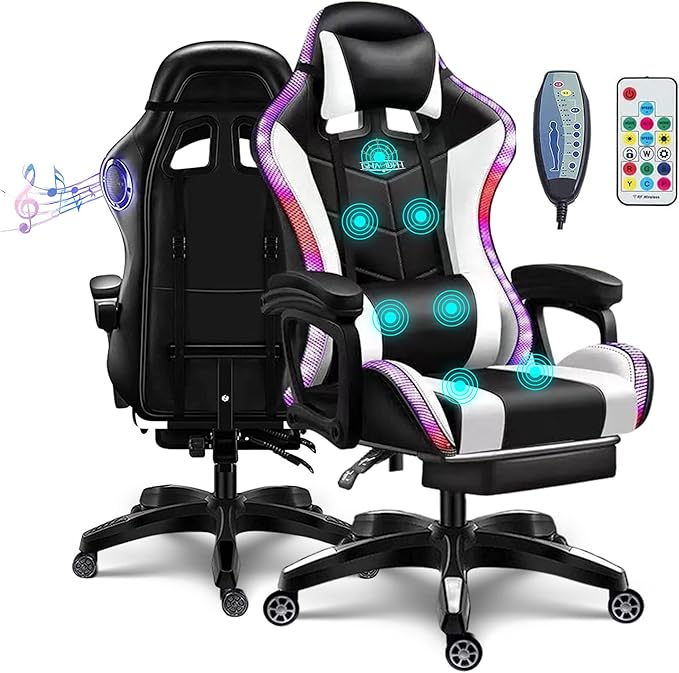 Gaming Chair with LED Light Ergonomic Video Game Chairs with Bluetooth Speakers Adjustable Armrest Height PU Leather Racing Chair Computer Office Swivel Chair for Adult TeensWhite