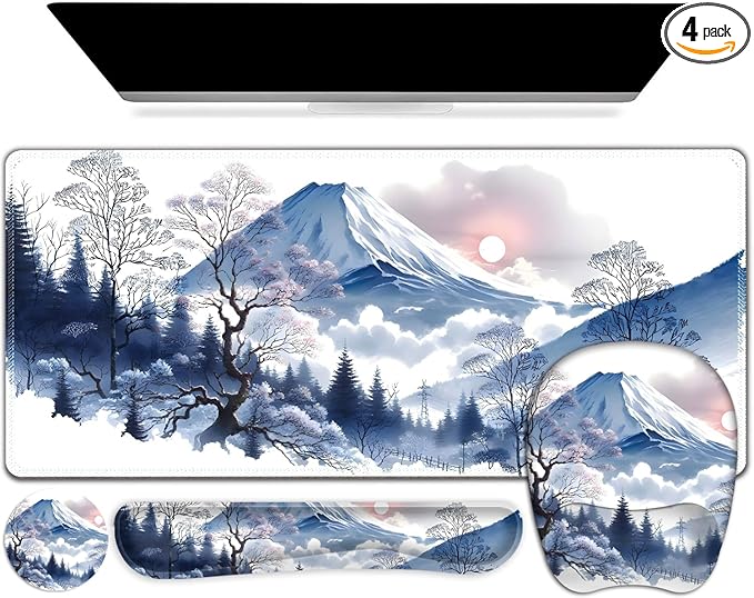 4 in 1 Large Mouse Pad Keyboard Wrist Rest Set Ergonomic Mouse Pad with Wrist Support Desk Mat with Stitched Edges Extended Desk Pad Waterproof Desk Mat for Home Office Game I Snowy Mountain Sun