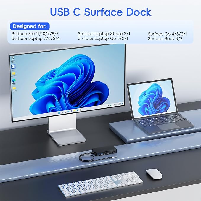 New Surface Thunderbolt 4 Dock Triple Displays 4K HDMI*2+VGA 12 in 1 Surface Pro Docking Station with Power Adapter for Surface Pro 11/10/9/8/X/7/6/5/4/3 Surface Laptop Surface Book Go