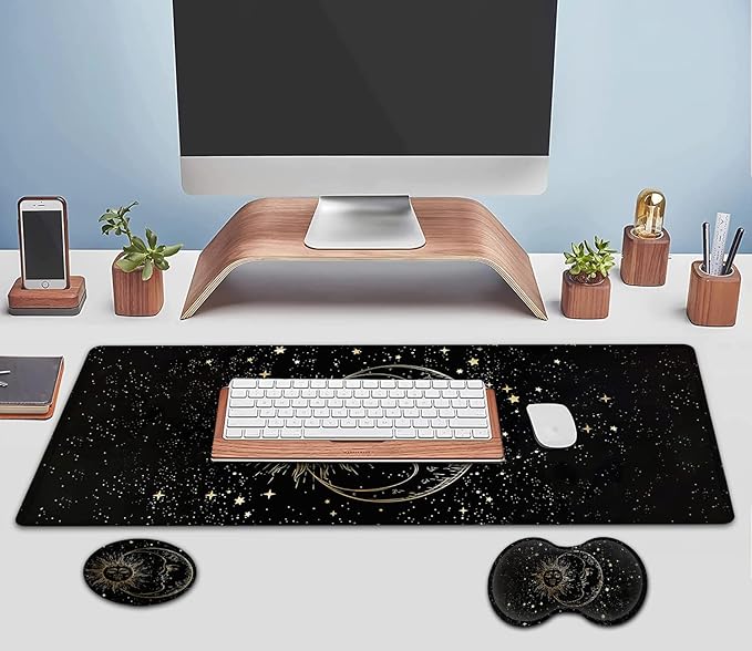 Large Mouse Pad Extended Office Desk Pad 31.5x11.8in Ergonomic Memory Foam Mouse Wrist Rest Support for Home Office Computer Writing Pad Cute Funy Sun Moon Star Pattern XXL Black Gaming Mouse Mat