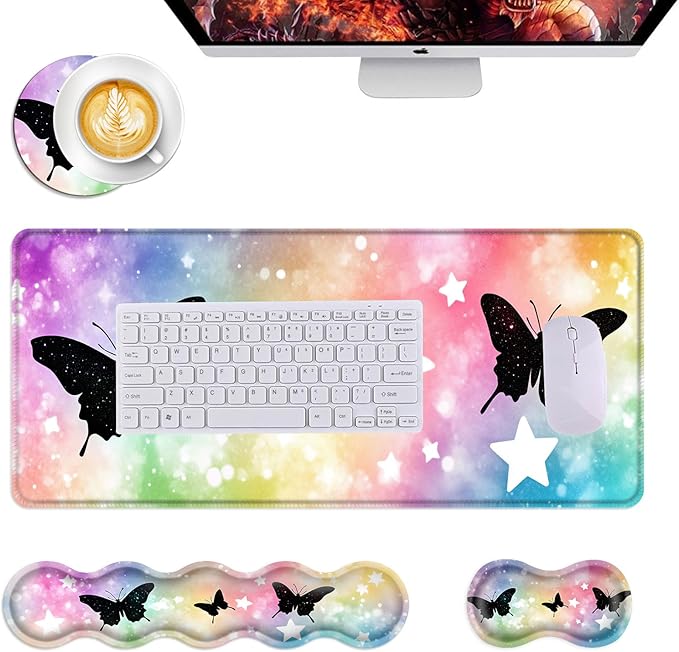 Mouse PadLarge Desk Mat Set 4in1 XL Mousepad + Keyboard Wrist Rest+Mouse Wrist Rest+Coaster with Ergonomic Desk Pad for Home Office Table Computer Cover -Butterfly Silhouettes and Stars