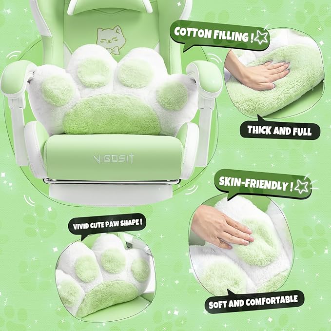 Cute Gaming Chair for Girl Ergonomic Cat Computer Chair with Armrests High Back Video Game Chairs with Footrest and Massage Lumbar Support for Teen &amp Woman Adjustable Height (Green)