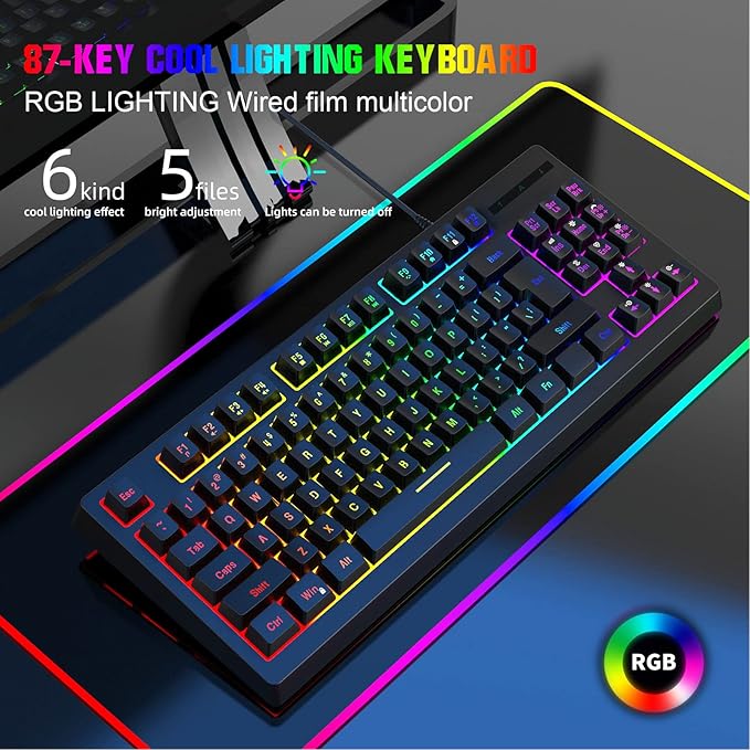 GOWENIC RGB Gaming Keyboard USB Wired LED Backlit 87 Key Ergonomic Keyboard for PC Computer Gaming Work and Laptop Wired Keyboard for Typing