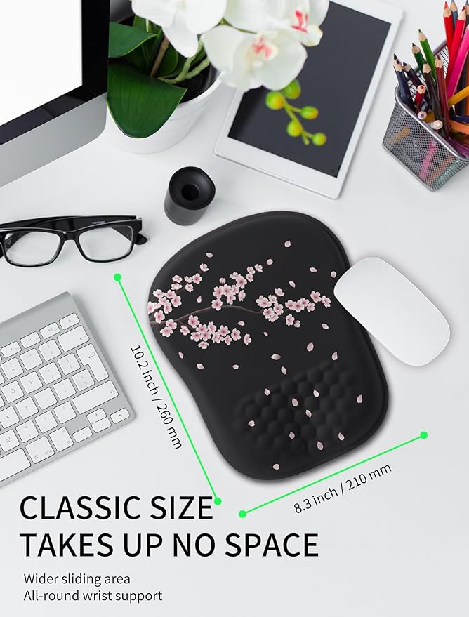 Hokafenle Ergonomic Wrist-hugging Mouse Pad Wrist Support U-shaped Holding Wrist Rest Mousepad for Carpal Tunnel Pain Relief with Cushioned Memory Foam Slope Massage Bulge (10.2x8.3 inCherryBlossom)