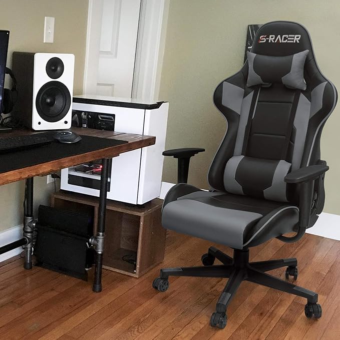 Homall Gaming Chair Office Chair High Back Computer Chair Leather Desk Chair Racing Executive Ergonomic Adjustable Swivel Task Chair with Headrest and Lumbar Support (Grey)