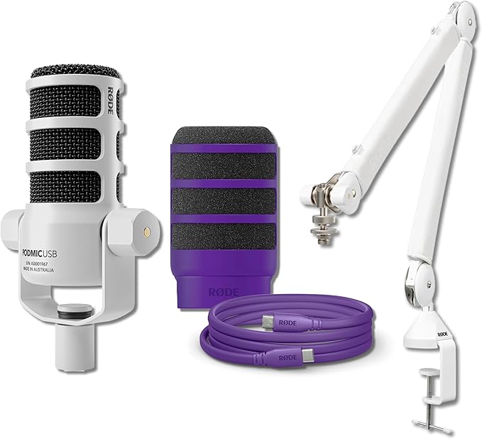 Rode PodMic USB White with Rode PSA1+ White Bundles (Purple Bundle)