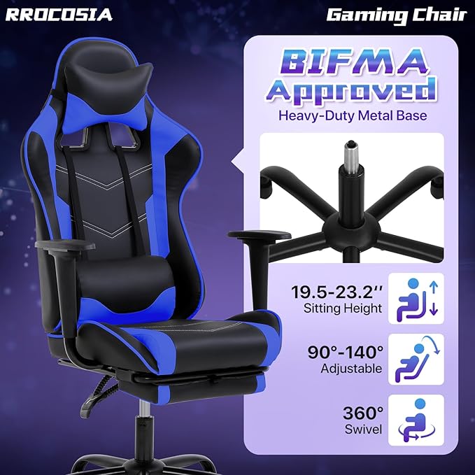 Gaming Chair for Adults - 250lbs Capacity Video Game Chair with Footrest &amp Lumbar Support Ergonomic 360° Swivel Height Adjustable Office Gamer Chair Heavy-Duty PU Leather (Blue)