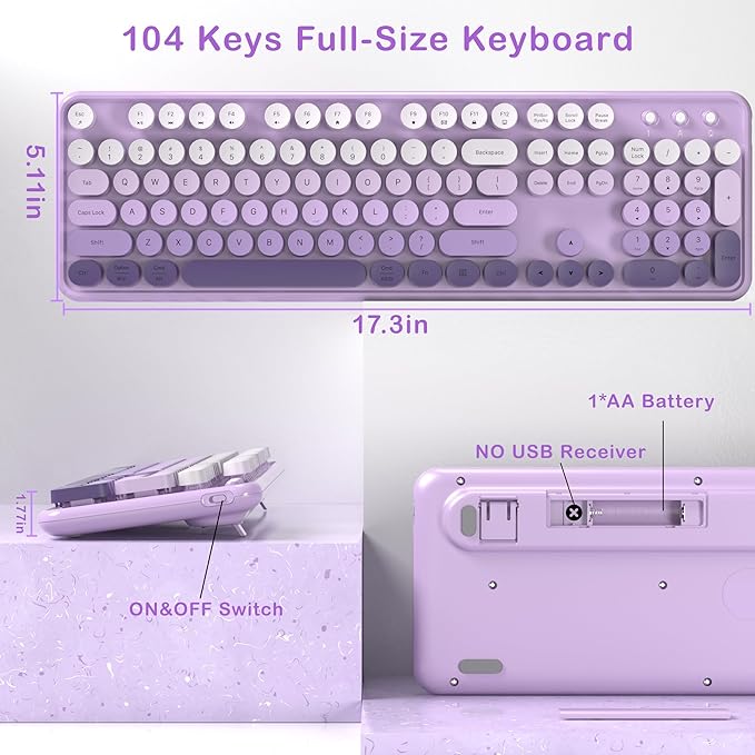 Colorful Wireless Keyboard and Mouse Combo COVEVA 2.4GHz Wireless Retro Cute Round Keycaps Keyboard 104 Keys Full-Sized Keyboard Mouse Set with Switch Button for PC Laptop Desktop (Purple Gradient)