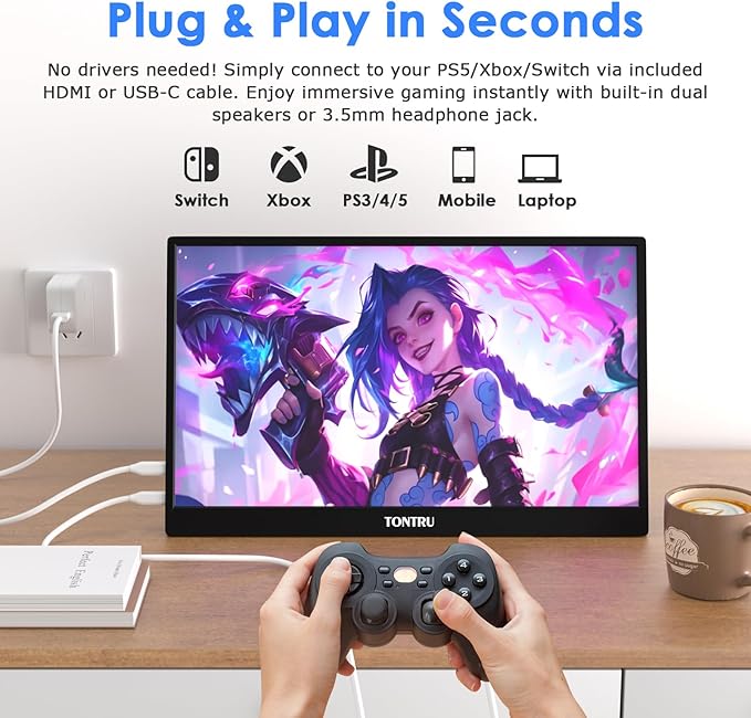 Portable Monitor 15.6 FHD 1080P IPS Screen with Low Blue Light Dual Speakers &amp 3.5mm Audio Jack Adjustable Stand USB-C/HDMI Compatibility for Laptop PC Phone Gaming Console