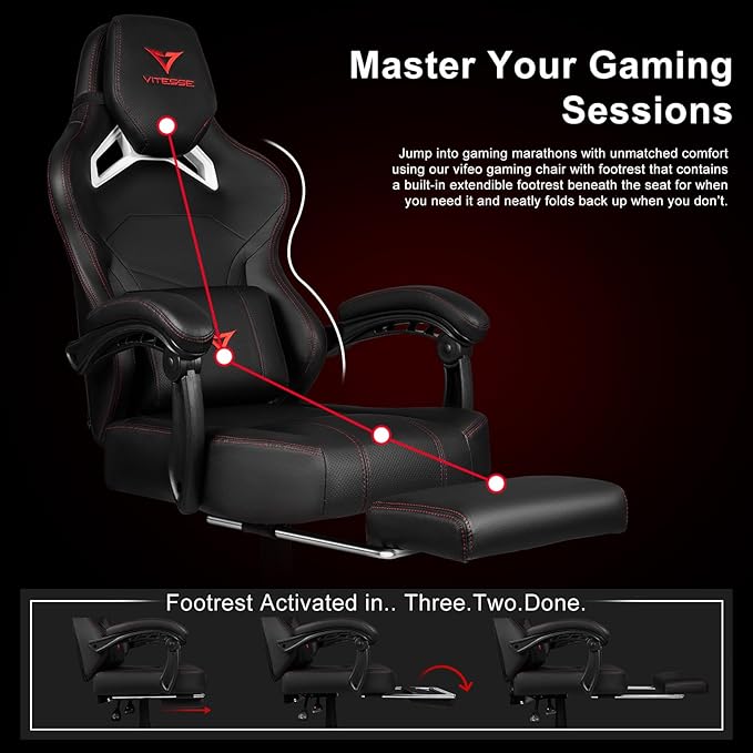 VITESSE Big and Tall Gaming Chair 400lb Weight Capacity with Footrest Ergonomic Video Game Chair for Adults with Oversized Headrest and Lumbar Pillow Computer Chair Gaming for Office