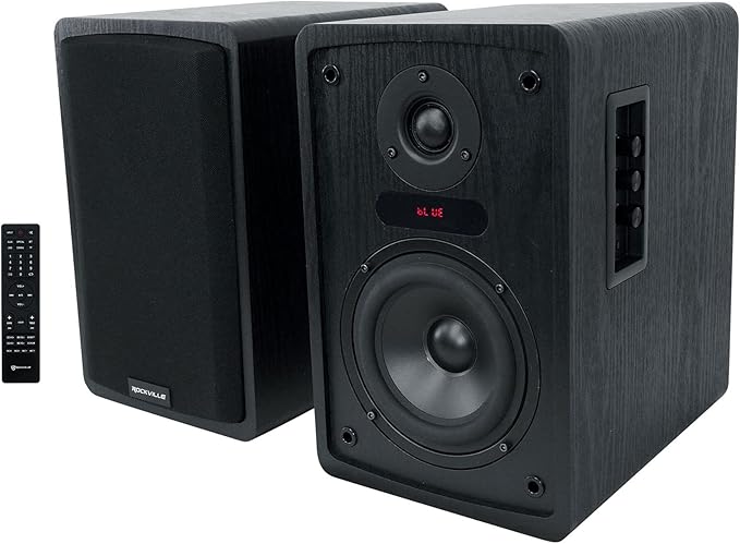 Rockville ELITE-5B 5.25 Powered Bookshelf Speakers 200W RMS / 800W Peak Bluetooth RHT8B 8 in Desktop/Studio Monitor Stands 2-Items