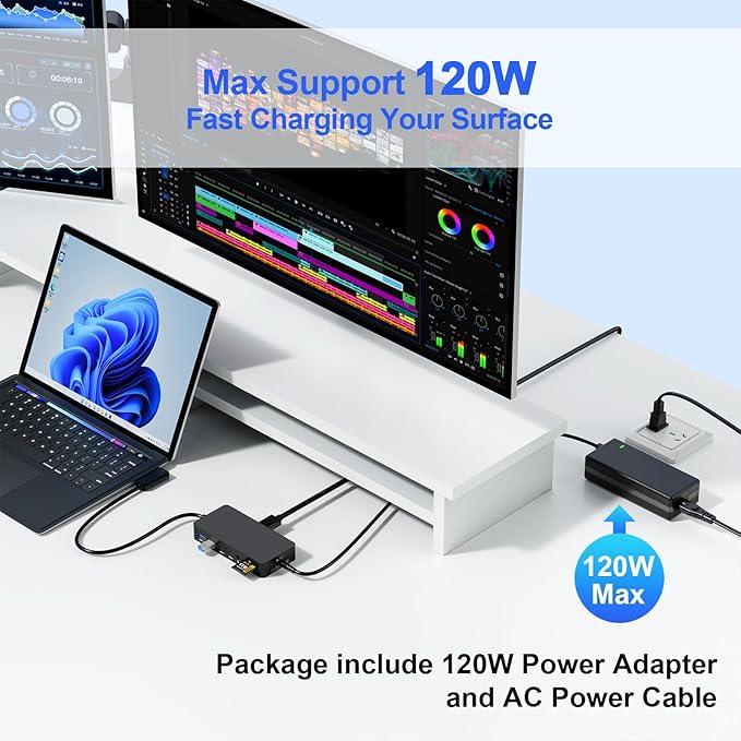New Surface Dock Triple Displays 4K HDMI+DP+Thunderbolt 4 12 in 1 Surface Pro Docking Station with 120W Power Adapter for Surface Pro 11/10/9/8/X/7/6/5/4/3 Surface Laptop Surface Book Go