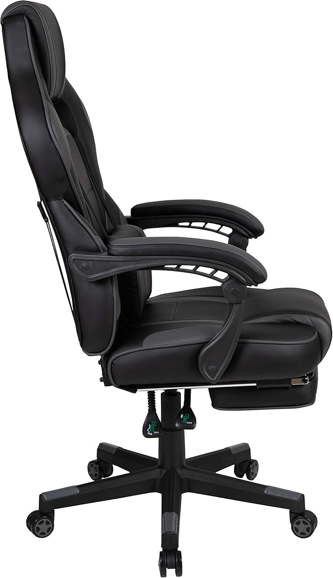 EMMA + OLIVER Black/Gray Ergonomic Gaming Chair -Recline Back/Arms Footrest Massaging Lumbar