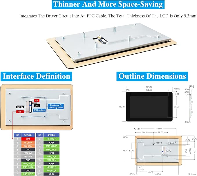 7inch DSI Capacitive Touch Screen Compatible with Raspberry Pi 5/4B/3B+/3B/RK3506-Lyra/RK3576/ESP32-P4 720×1280 IPS Display 10-Point Touch Anti-Fingerprint Process