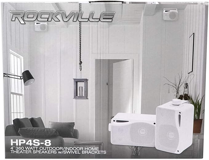 Rockville Pair HP4S-8 4-Inch 360W Outdoor/Indoor Speakers 8 Ohm IPX44 Weather-Resistant Swivel Brackets Removable Paintable Grills for Home Theater and Patio