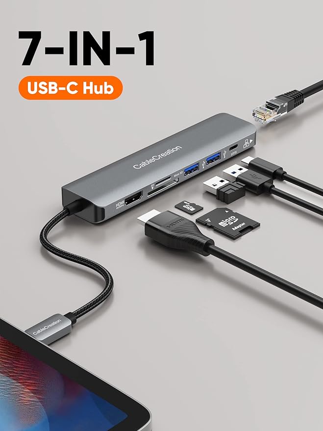 USB C Hub 4K 60Hz CableCreation 7-in-1 USB-C Hub Multiport Adapter with 1Gbps Ethernet HDMI 2 USB 3.0 Ports 100W PD and SD/TF Cards Reader Compatible with Steam Deck MacBook Pro/Air iPad Pro