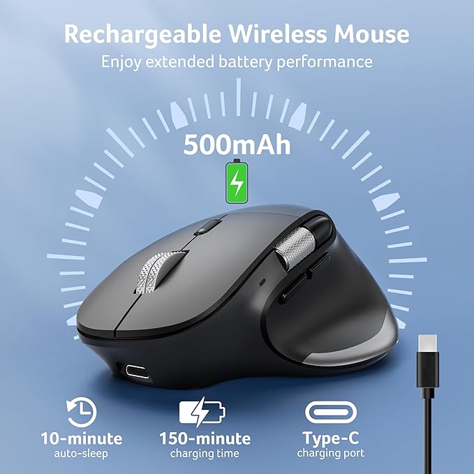 acer Ergonomic Mouse Wireless Rechargeable with Side Scroll (BT5.2+2.4GHz) Bluetooth Computer Mouse for Laptop Medium to Large Sized Hands Office USB Mice 8 Buttons 4800 DPI for PC Desktop