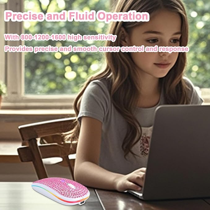 Wireless Mouse Bluetooth Cute Pink Bling Crystal Rhinestone Computer Mice with LED Light 2.4GHz &amp Bluetooth Dual Mode Rechargeable Silent USB Cordless Mouse for Laptop PC Tablet Phone Kids Adults
