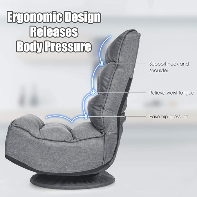 Giantex 360 Degree Swivel Floor Chair Folding Floor Gaming Chair with 6 Positions Adjustable Lazy Sofa Lounge Chair w/Tufted Back Support Video Gaming Chair for Reading TV Watching (Gray)