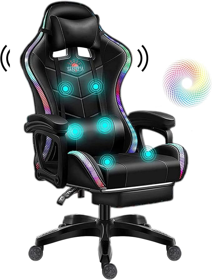 Gaming Chair with LED LightHigh Back Office Chair with SpeakersSeven Point Massage Computer Chair Ergonomic Racing ChairPU Leather Recliner with Lumbar Support Headrest Armrest and Foo