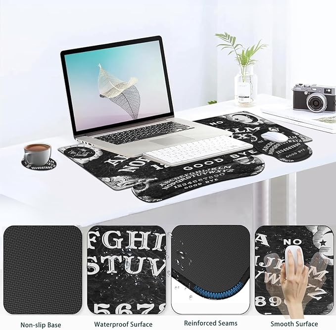 Large Mouse Pad Ergonomic Mouse Pad with Wrist Rest and Keyboard Wrist Rest 4 in 1 Set 31.5 x11.8 inch Extended Desk Pad for Home Office Ouija Board Witch Pattern XXL Black Gaming Mouse Mat
