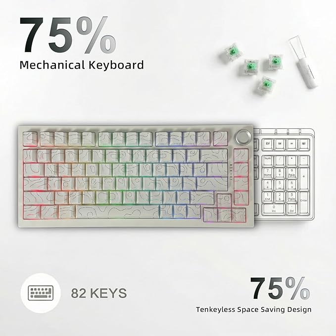 DstoPar Wireless Mechanical Keyboard75% Hot Swappable Gaming Keyboard with Multifunction knobSide Printed PBT KeycapsBluetooth5.0/Type-C/2.4G8000mAh K81 Mechanical Keyboard(Camouflage White