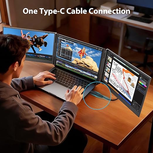 15.6'' Laptop Triple Screen Extender One Cable Connection 1080P FHD IPS Portable Dual Monitor with Speaker Ultra-Slim Travel Monitor for 13-17.3 Laptops Compatible with MacOS Windows Android