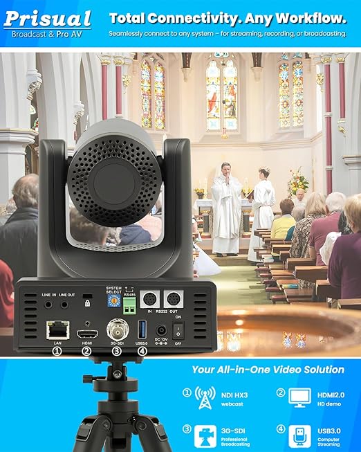 Prisual NDI PTZ Camera System Gen 5 NDI 6 &amp NDI HX3 Certified 20X Optical Zoom AI Auto Tracking PoE HDMI SDI Bundle PTZ for Church WorshipNDI PTZ Controller (NDI PTZ Bundle TEM-20N PRO+TEM-J