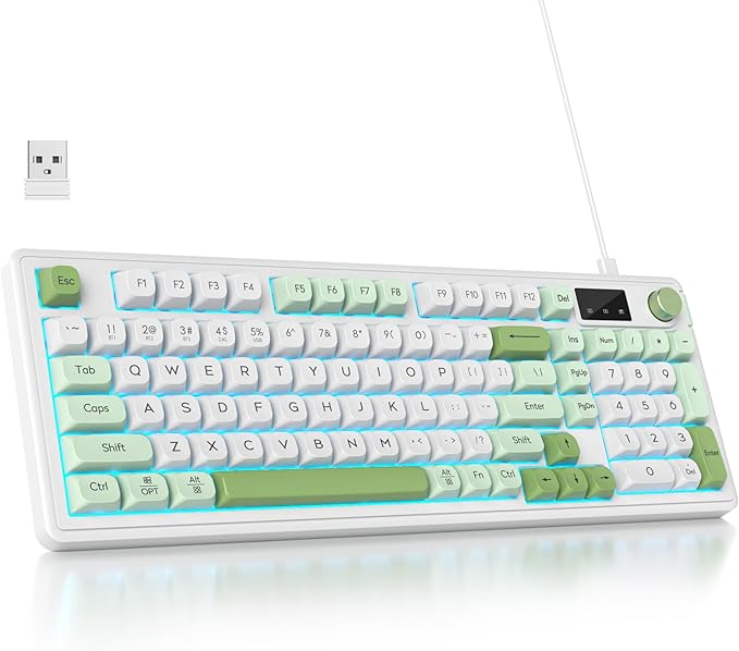 Owpkeenthy 96% Wireless Green Keyboard with Knob 98 Keys Silent Gasket Mouted Mechanical Feeling Membrane Gaming Keyboard 3-Mode Wired/Bluetooth 5.0/2.4G for Win/Mac(98 Green)