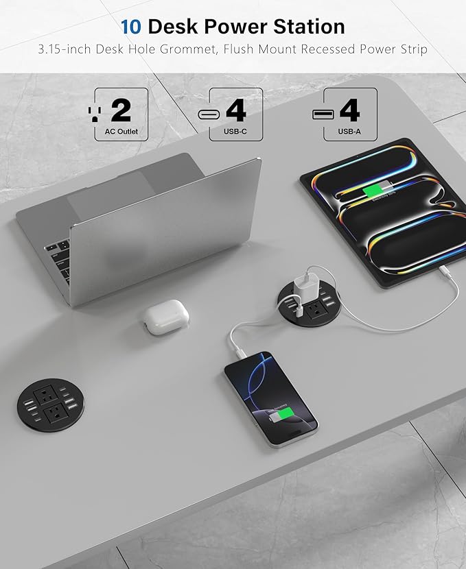 Jgstkcity Power StripDesktop Recessed Power Grommet40W Total USB C Fast Charging3.15-Inch Hole 4 Outlets &amp 8 Ports Ideal for Desktop &amp Countertop Flush Mount Outlet