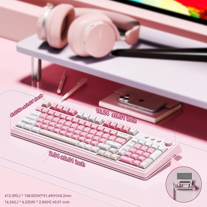 AULA 99 Key Keyboard Wireless Gaming Keyboard Bluetooth Computer Keyboards Creamy Cute with Number Pad RGB Backlit Tri-Mode BT/2.4GHz/USB-C - Pink