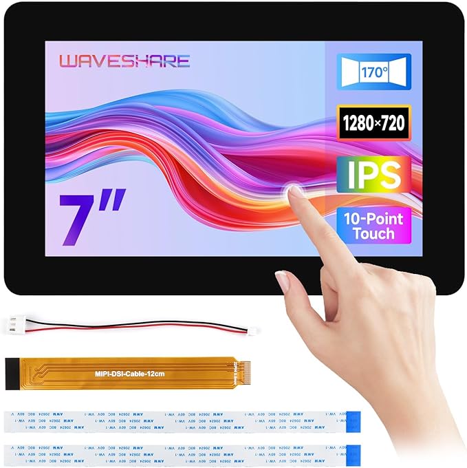 Waveshare 7 DSI Capacitive Touch Display Compatible with Raspberry Pi 5/4B/3B+/3A+ Supports ESP32-P4 RK3506 RK3576 1280x720 IPS Optical Bonding Toughened Glass 10-Point Touch Anti-Fingerprint