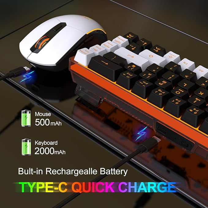 Snpurdiri 60% Wireless Gaming Keyboard and Mouse ComboOrange Backlit Rechargeable 2000mAh BatteryMini Mechanical Feel Anti-ghosting Keyboard + Popular RGB Mice for Gaming Office(Black-White)