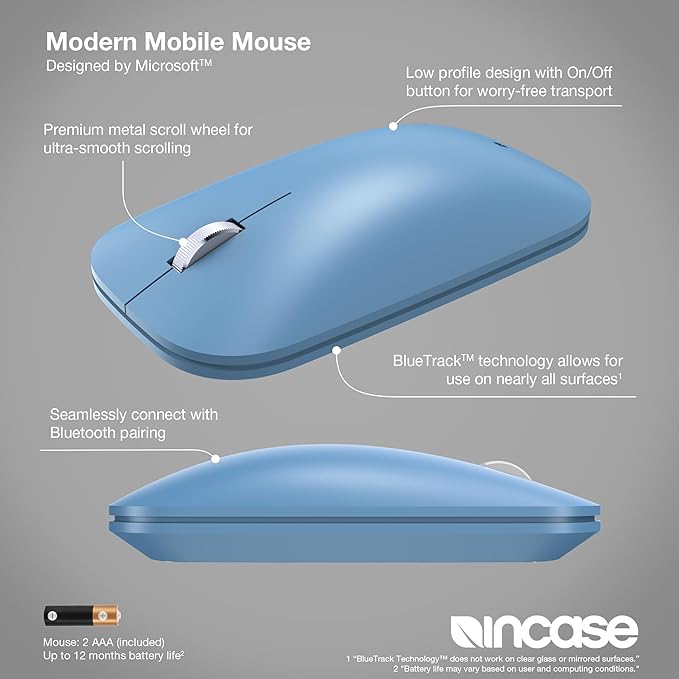 Incase Modern Mobile Mouse – Designed by Microsoft – Lightweight Precision Navigation Right/Left Hand Use Scroll Wheel BlueTrack Technology Wireless Bluetooth for Mac/Windows/8/10/11 (Sapphire)
