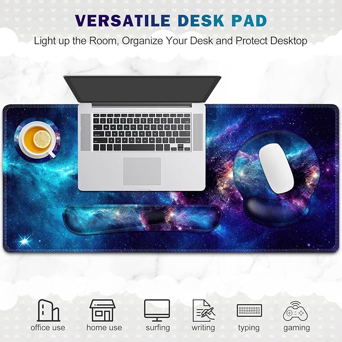 Gaming Mouse Pad Large Desk Mat Cute Desk Pad Protector 4in1 XXL Mousepad + Keyboard Wrist Rest+Mouse Wrist Rest+Coaster Set with Ergonomic Desk Pad for Home Office Table Computer Galaxy Space