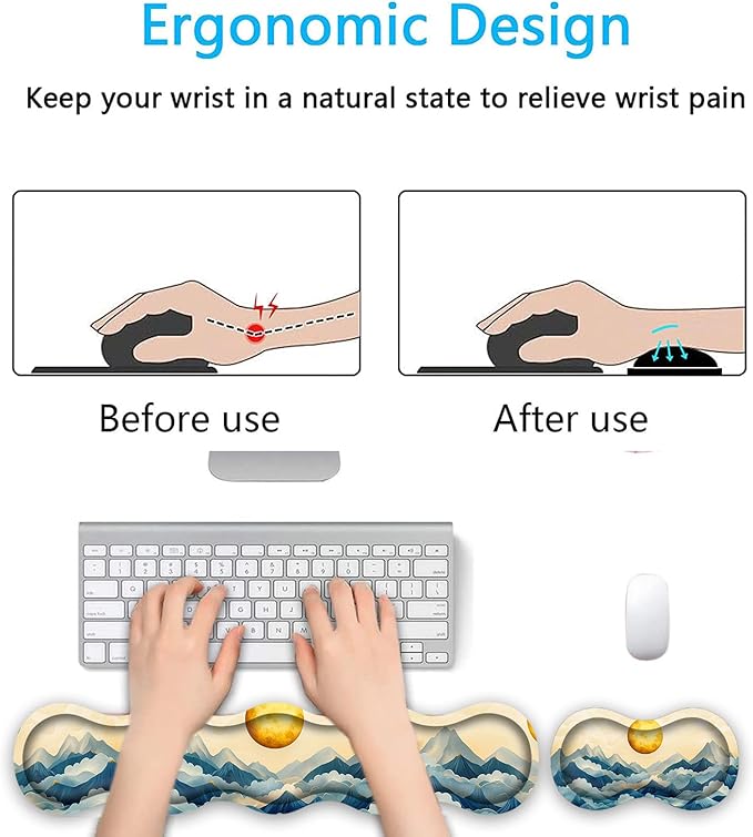 Keyboard Wrist Rest SetMemory Foam Wrist Support Mouse Pad31.5x11.8 Desk Mat for Comfortable Typing &amp Pain ReliefNon-Slip Base for Office &amp Home Use - Mountain and Moon