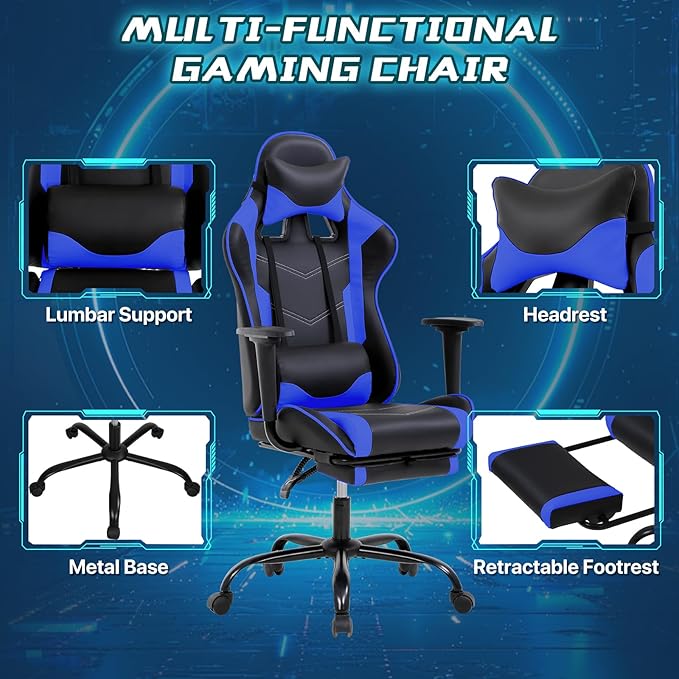 Ergonomic Gaming Chair - Reclining Computer Chair with Lumbar Support &amp Headrest Pillow Adjustable Footrests 90-135° Recline for Home Office &amp Gaming Heavy Duty 250lbs Capacity Blue