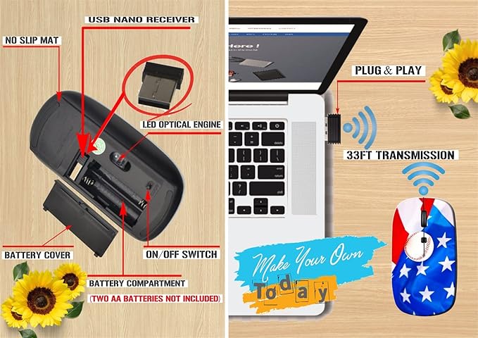 maizi Wireless Mouse for PC MacBook Computer Laptop (BYADAUa0PA_American Flag and BA_042)