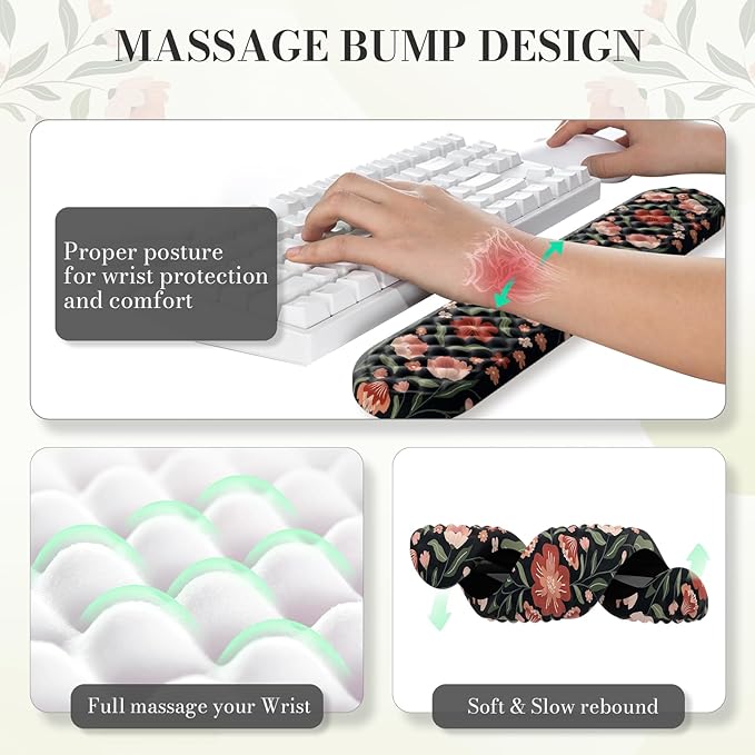 Keyboard Mouse Pad Set Floral Desk Wrist Pad Comfortable Keyboard Wrist Rest and Coaster Non-Slip Table Decor Desk Accessories for Women