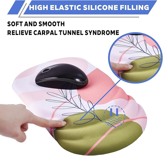 Ergonomic Mouse Pad with Wrist Rest Milk Silk Fabric Durable Silicone Filling Non-Slip Pu Base Massage Design Pain Relief Mousepad for Wireless Mouse and Desk 12x8inch Pink Tulip