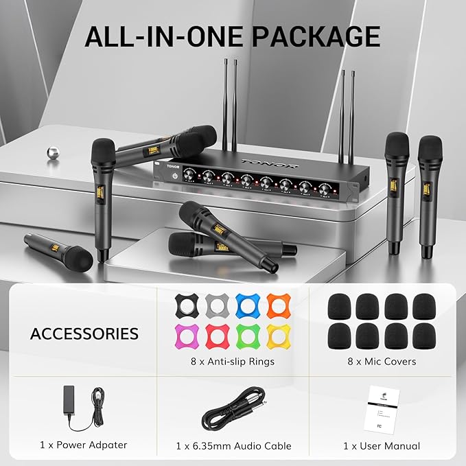 TONOR Wireless Microphones System with 8x12 Channels Cordless Handheld Microfono Inalambrico 90 m/295FT UHF Range Mics with Stable Signal Quick Mute for Karaoke Singing Party Church Wedding