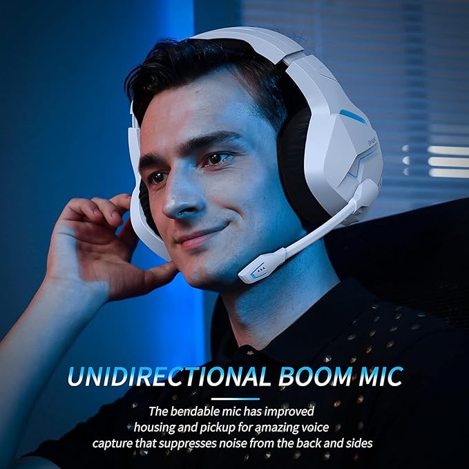 BINNUNE 2.4GHz Wireless Gaming Headset Bluetooth 5.3 Gaming Headphones with Noise Canceling Mic 120H Ultra-Long Battery 50mm Drivers Multi-Platform for PC / PS5 /PS4/ Switch/Mobile White