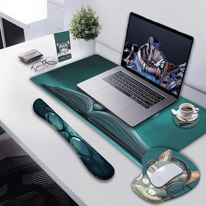 AQQA Mouse Pad SetErgonomic Mouse Pad with Wrist RestComfortable Mousepad with Smooth Wrist Support Surface and Non-Slip PU Base forHome Office Desk Accessories Decor SuppliesCute Cat